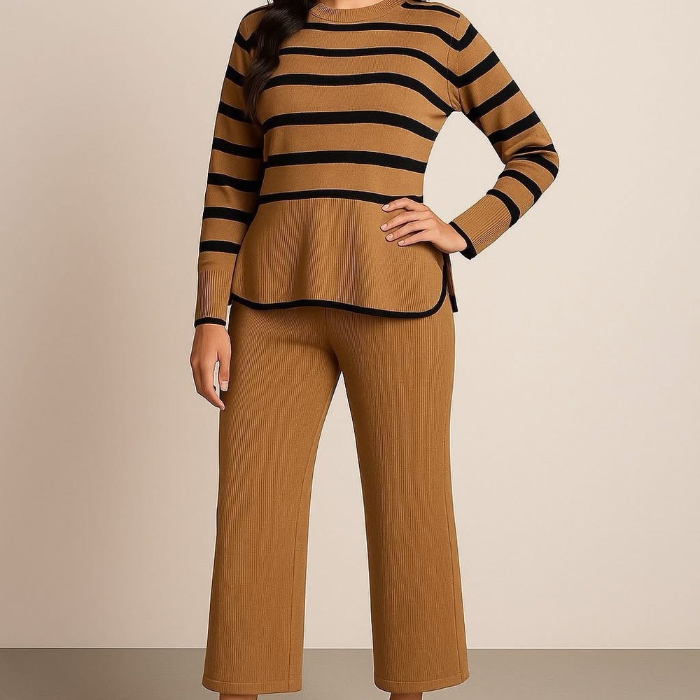 Striped Brown and Black Peplum Sweater Set